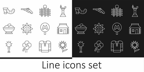 Set line Sunflower, Ukrainian house, Wicker fence, Varenyky bowl, Glass with vodka, Metro or Underground and Vintage pistols icon. Vector