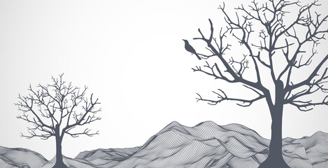 Abstract wireframe mountains with a tree and a bird on it in the foreground.