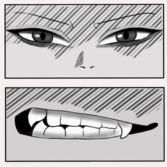 Anime comic with eyes and mouth, eyes squinted and vampire teeth