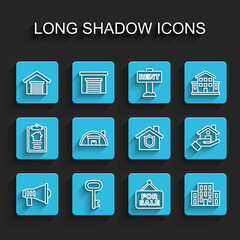 Set line Megaphone, House key, Garage, Hanging sign with For Sale, Warehouse, Realtor and shield icon. Vector