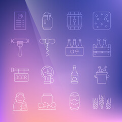 Set line Wheat, Beer bottles in ice bucket, Pack of beer, Wooden barrel, Wine corkscrew, Sausage on the fork, menu and icon. Vector