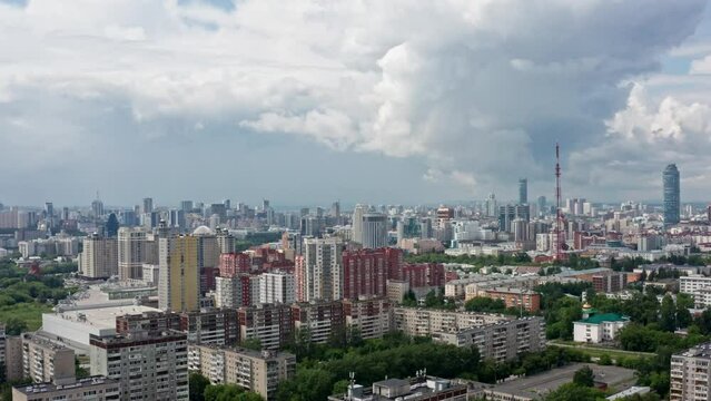 Aerial view of the city before a thunderstorm