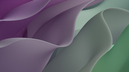 Modern 3D Design Background, with Undulating, Abstract Green and Purple Surfaces. 3D Render.