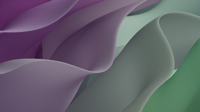 Modern 3D Design Background, with Undulating, Abstract Green and Purple Surfaces. 3D Render.