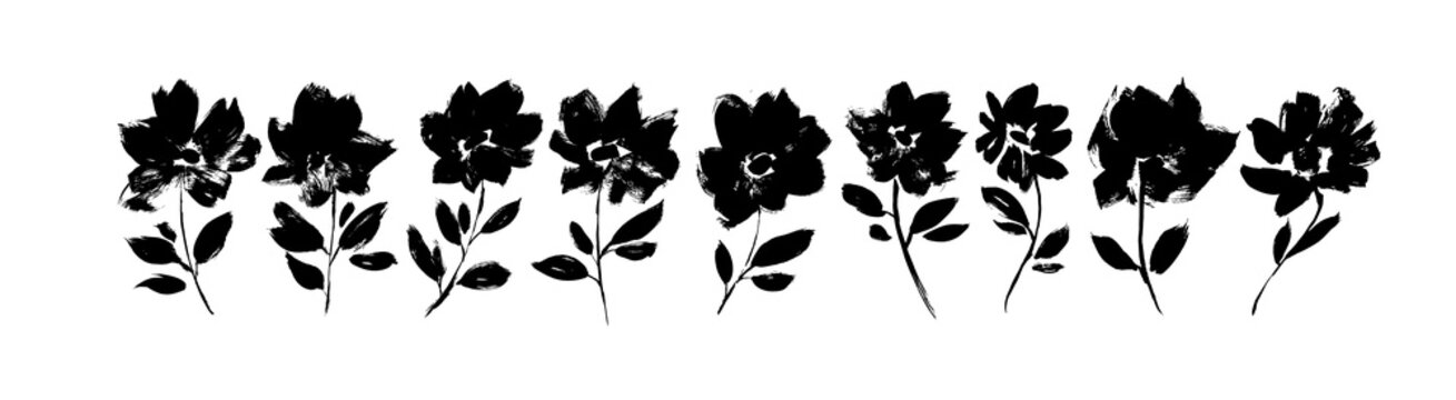 Poppies, peonies, chrysanthemums hand drawn vector set. Black brush paint flower silhouettes with leaves. Ink drawing flowers, monochrome artistic botanical illustration. Brush strokes silhouette