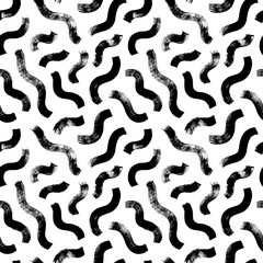 Seamless wavy short line pattern. Abstract geometric ornament in Memphis style. Hand drawn sea modern vector background. Messy doodles, bold curvy lines pattern. Grunge bold black brush strokes.  - obrazy, fototapety, plakaty