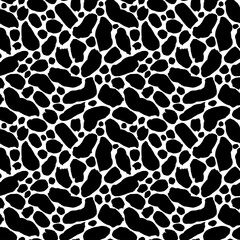Obraz premium Black uneven specks, spots, ink blobs seamless pattern. Hand drawn black and white freehand drawing. Abstract background with round brush strokes. Vector chaotic organic dots. Simple ornament