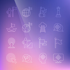 Set line Target, Flag, Hand holding flag, Planet with, Folded paper boat, Man and Stair finish icon. Vector