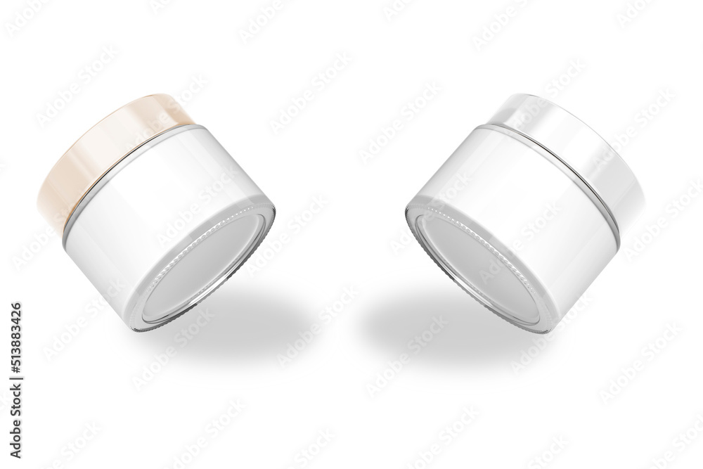 Poster two blank cream jars with shadow mockup isolated on white background. 3d rendering.