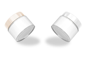 Two blank cream jars with shadow mockup isolated on white background. 3d rendering.