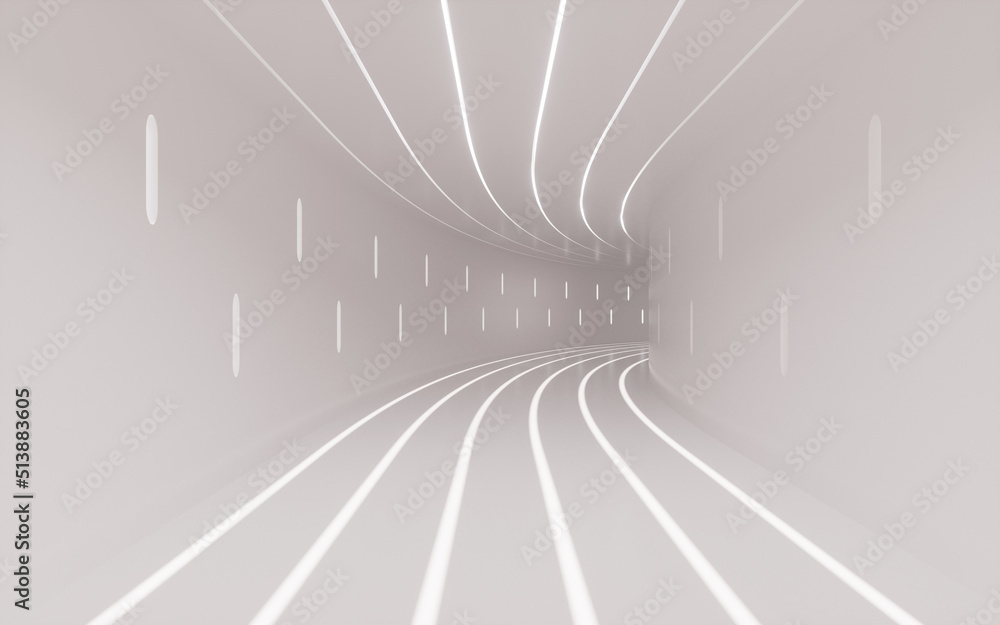 Poster white turning tunnel with light and shadow, 3d rendering.
