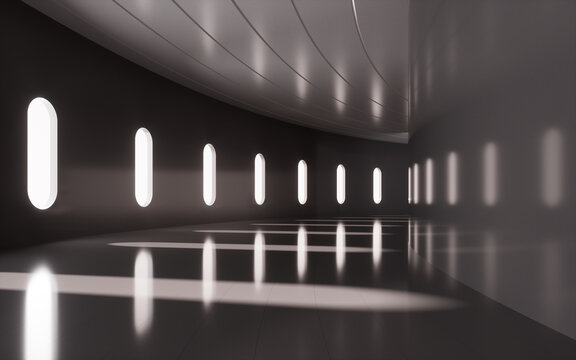 Turning tunnel with light and shadow, 3d rendering.