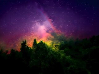 Milky Way and pink light at mountains. Night colorful landscape. Starry sky with hills. Beautiful Universe. Space background with galaxy. Travel background