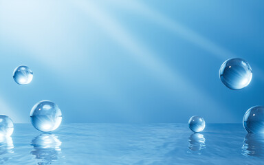 Transparent spheres on the water surface, 3d rendering.