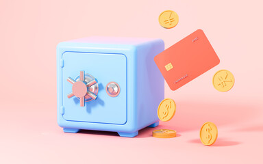 Safe box and bank card on the pink background, 3d rendering.