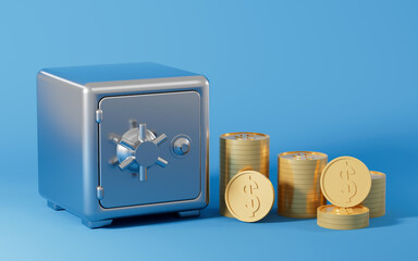 Safe box and coins , 3d rendering.