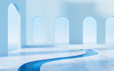 Blue arch and curved construction, 3d rendering.