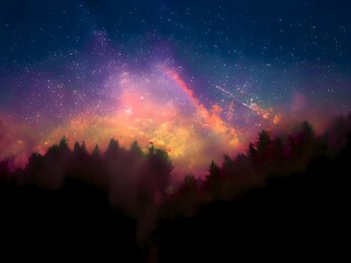 Fototapeta na wymiar Milky Way and pink light at mountains. Night colorful landscape. Starry sky with hills. Beautiful Universe. Space background with galaxy. Travel background
