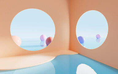 Curved architecture and spheres, 3d rendering.