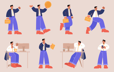 Businessman, office black skin worker poses set. Vector flat illustrations of employee character with briefcase and phone busy at workplace, run, gold coin and thinking isolated on background