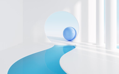 Curved architecture and spheres with white background, 3d rendering.
