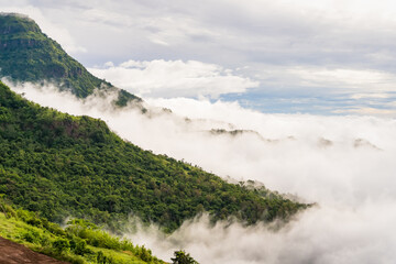 Landscape misty,Fantastic dreamy sunrise on the mountains, Mountain with mist cloud at Khao Kho Phetchabun Thailand
