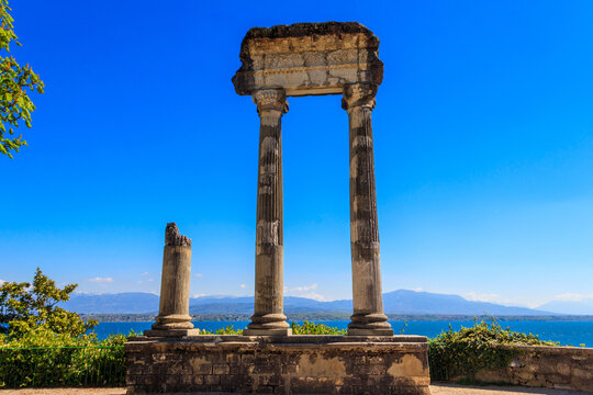 Ruins of ancient roman columns in Nyon, Switzerland