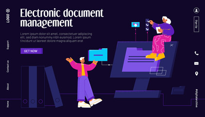 Electronic document management landing page. Online paperwork storage, digital system of paper organization with tiny people manage business docs at huge pc desktop, Line art flat vector web banner - obrazy, fototapety, plakaty