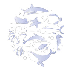 One line sea life set. Underwater outline animals. Line art ocean and sea life collection.