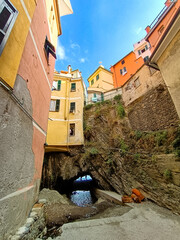 f Vernazza fishing village at sunset, seascape in Cinque Terre National Park, Liguria, Italy, La...