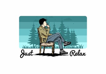 Man sit on chair and smoke cigarettes illustration