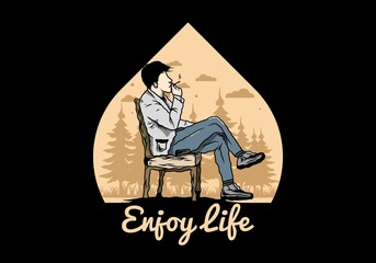 Man sit on chair and smoke cigarettes illustration