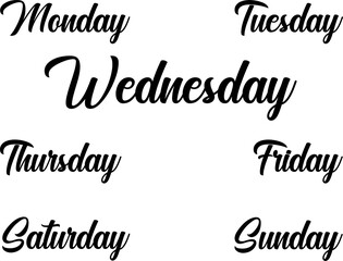 Vector hand lettering set of the days of the week. Monday, tuesday, wednesday, thursday, friday, saturday, sunday. Modern calligraphy. Isolated typography print. Hand drawn clipart.