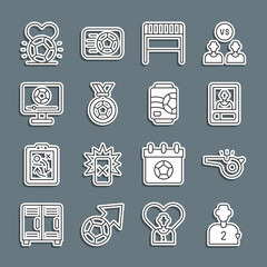 Set line Football or soccer player, Whistle, card, goal, medal, match on TV, Soccer football and Beer can icon. Vector