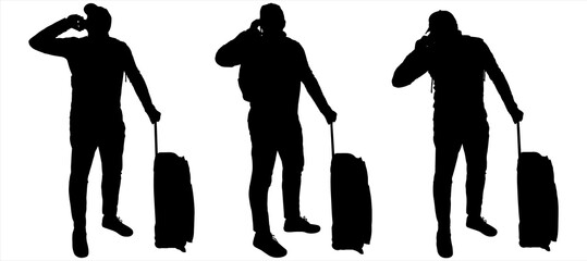 Tourist with a backpack and a suitcase on wheels. A young guy in a cap stands sideways and talks on a mobile phone. Talking on the phone. Three black male silhouettes isolated on white background