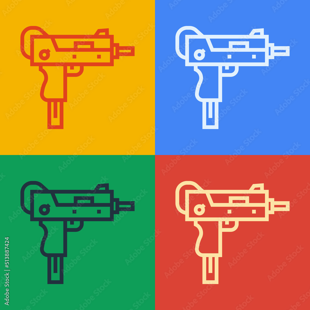 Poster pop art line uzi submachine gun icon isolated on color background. automatic weapon. vector