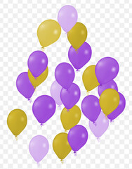 Realistic Helium Vector Balloons purple Color and yellow. Happy Birthday, in transparent background New Year Party Decoration.  Air Helium Balloons. Celebration,