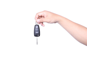man holding car remote control and white background.