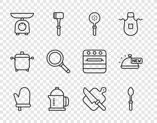 Set line Oven glove, Teaspoon, Spatula, French press, Scales, Frying pan, Cutting board and knife and Covered with tray of food icon. Vector
