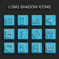 Set line Computer monitor, Table lamp, Speech bubbles with Question, Notebook, Identification badge, Fountain pen nib, Book and chat icon. Vector