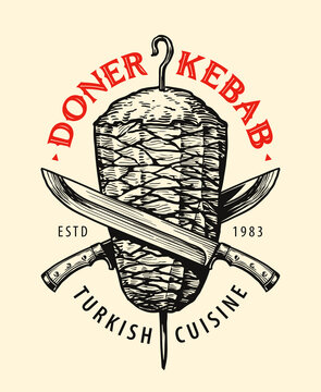 Meat kebab grilled. Turkish turnspit menu. Hand drawn vintage sketch vector illustration