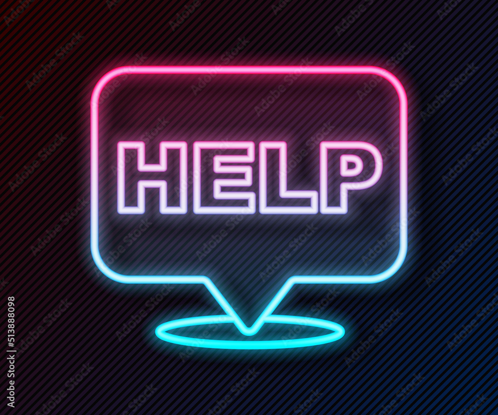 Poster glowing neon line speech bubble with text help icon isolated on black background. vector