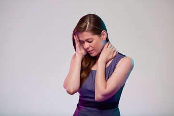 Woman with headache touching and tilt head down. business woman isolated portrait.