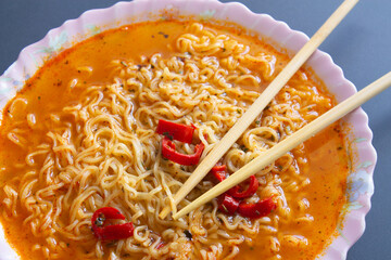Chinese instant noodle soup close up