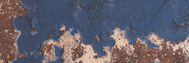 Peeling paint on the wall. Panorama of a concrete wall with old cracked flaking paint. Weathered rough painted surface with patterns of cracks and peeling. Grunge texture for wide panoramic background