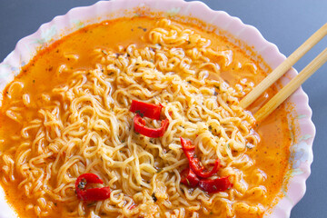 Chinese instant noodle soup close up