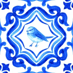 Stof per meter Azulejos - Portuguese tile blue watercolor pattern. Traditional ornament. © liliia_sinhina