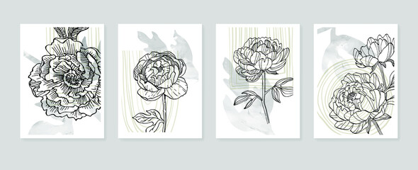Set of Abstract Peony Hand Painted Illustrations for Wall Decoration, minimalist flower in sketch style. Postcard, Social Media Banner, Brochure Cover Design Background. Modern Abstract Painting