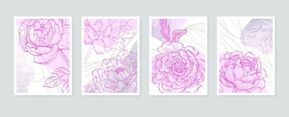 Set of Abstract Peony Hand Painted Illustrations for Wall Decoration, minimalist flower in sketch style. Postcard, Social Media Banner, Brochure Cover Design Background. Modern Abstract Painting