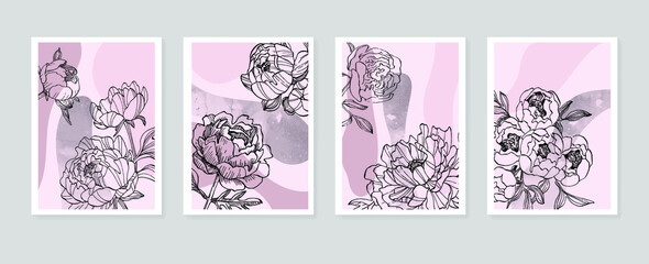 Set of Abstract Peony Hand Painted Illustrations for Wall Decoration, minimalist flower in sketch style. Postcard, Social Media Banner, Brochure Cover Design Background. Modern Abstract Painting